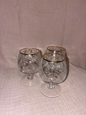 Russian Cut Crystal Brandy Snifters with Gold Trim - Set of 3